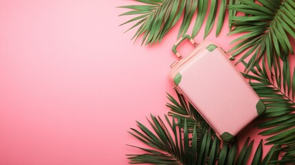 Aufkleber - An elegant travel suitcase rests among lush tropical palm leaves, set against a bright pink backdrop, creating a stunning travel aesthetic. Generative AI
