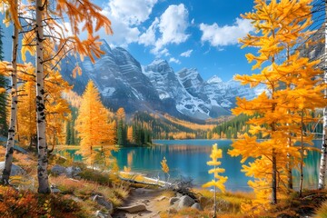 Wall Mural - Stunning Autumn Landscape with Vibrant Orange Trees and Majestic Mountains