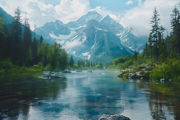 Wall Mural - Serene Mountain Landscape with Crystal Clear River and Lush Greenery