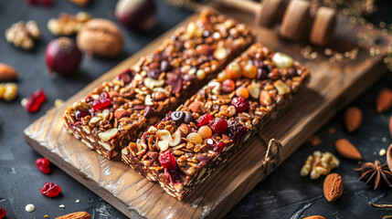 close-up of two healthy granola bars with nuts, seeds, and dried fruits on a rustic wooden board