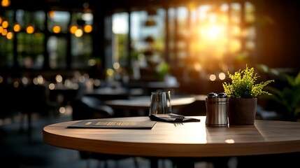 Empty table set for two in a modern restaurant with a blurred background of tables, chairs and windows.