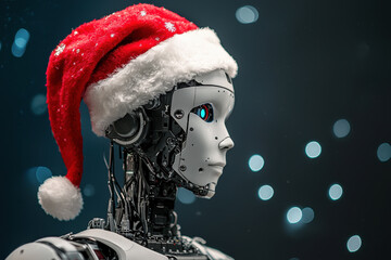 A humanoid robot wearing a Santa hat is depicted against a dark background with soft blue lights. The robot's detailed mechanics and glowing eye contrast with the festive holiday accessory