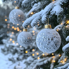 Beautifully decorated Christmas ornaments hanging on a snow-covered pine tree with blurred festive lights.