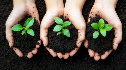 Three hands hold seedlings with soil, emphasizing the importance of nurturing plants and eco-friendly practices