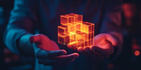 Wall Mural - hands holding glowing 3d cubes symbolize technology and innovation. a blend of colors creates a mode