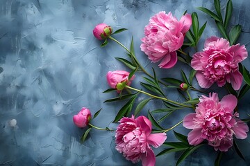 Canvas Print - Elegant Arrangement of Pink Peonies on a Textured Blue Background