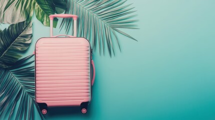 Poster - This striking travel suitcase rests against a backdrop of lush palm leaves, creating a tropical vibe ideal for upcoming adventures. Generative AI