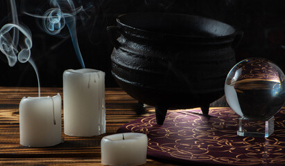 Unlit candles, scene with various objects and recently extinguished candles. Selective focus.