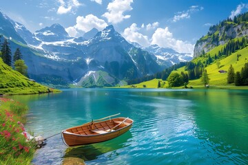 Wall Mural - Serene Mountain Lake with a Rowboat Surrounded by Lush Greenery and Majestic Peaks