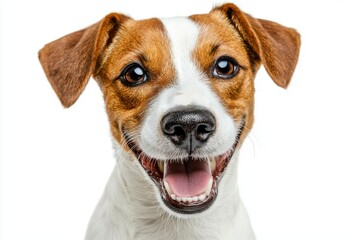 Isolated on a transparent background is a cartoon portrait of a funny and excited dog face.