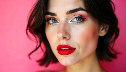 Wall Mural - A close-up portrait of a young Caucasian woman with dark hair, wearing bold red lipstick and dramatic eye makeup with pink and white eyeshadow against a pink background