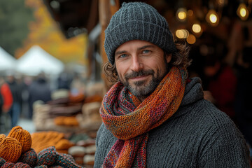 A vendor selling hand-knitted scarves and hats at a fall market, preparing shoppers for the colder weather. Concept of handmade goods.