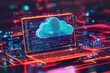 © SKIMP Art - A digital illustration of cloud computing with icons and data, on top of an open laptop computer screen The background is blurred to emphasize the iconography, featuring symbols Generative AI