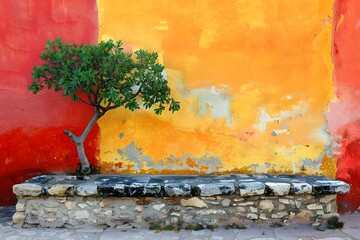 Canvas Print - Vibrant Colors and Nature: A Tree Against a Colorful Wall