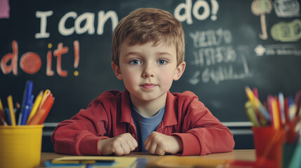 young boy sits confidently at desk in classroom, surrounded by colorful stationery and chalkboard with motivational phrases. His expression shows determination and focus