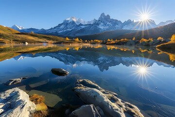 Wall Mural - Serene Mountain Reflection at Sunrise Over a Tranquil Lake