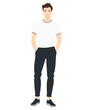 © NelaRov - Vector illustration on a white background. A man in a white t-shirt and black pants. Minimalist style.