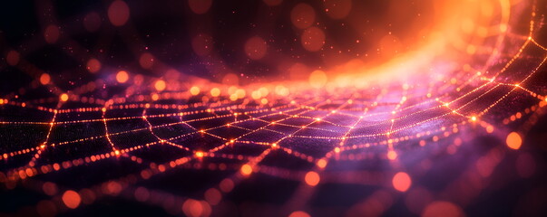 Glowing purple orange digital spider web network on dark background. Abstract combination of modern digital technology and Halloween holiday. Template with copy space for backdrop or banner