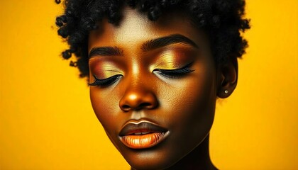 Wall Mural - A young Black woman with short, curly dark hair and closed eyes, wearing gold makeup on her face against a bright yellow background