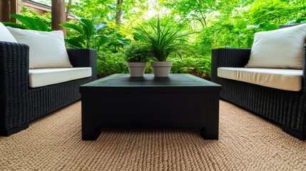 Chairs with cream cushions surround a dark wood table on beige carpet, inviting relaxation under soft natural light and greenery