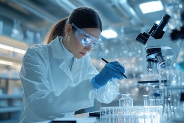 A research scientist in a laboratory setting works on a project using a microscope, reflecting a diligent and focused pursuit of scientific exploration.