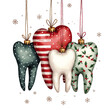 © Joanna Redesiuk - Three tooth-shaped ornaments hang festively, each adorned with unique holiday patterns and colors