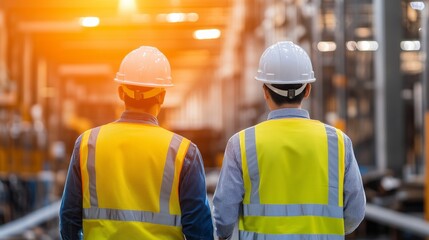 Two engineers wearing safety helmets and reflective vests walking in a warehouse