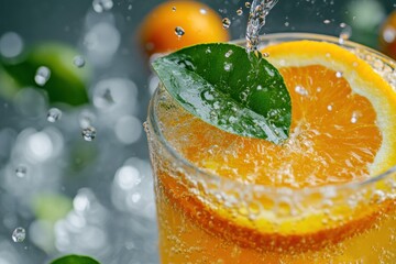 Poster - A cool glass filled with freshly squeezed orange juice, featuring slices of orange and mint leaves, sparkles in the sunlight. Generative AI