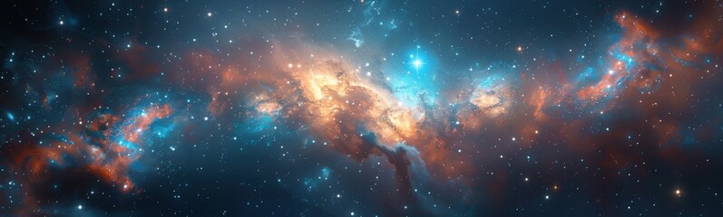 Starry sky with a cluster of stars and a bright blue nebula, banner, copy space