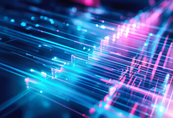 Dynamic abstract close-up of neon blue and pink light beams traveling through a digital network, symbolizing fast data transmission. Generative AI