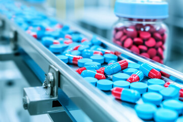 pills and capsules on conveyor belt in pharmaceutical factory, closeup