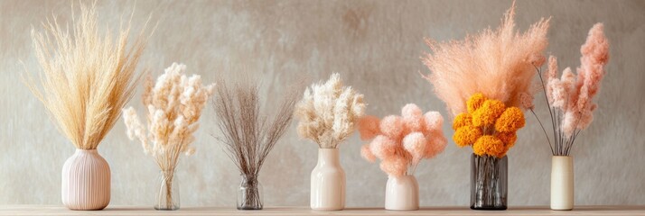 Poster - Dried flowers in soft hues arranged in vases create a charming, tranquil atmosphere in a stylish apartment setting. Generative AI