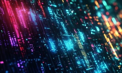 Digital wallpaper in style of matrix style data flows in neon colors, copy space. Presentation template