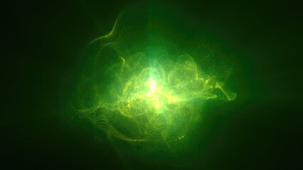 Wall Mural - a glowing green sphere energy pulse set against a dark background, representing growth, renewal, and