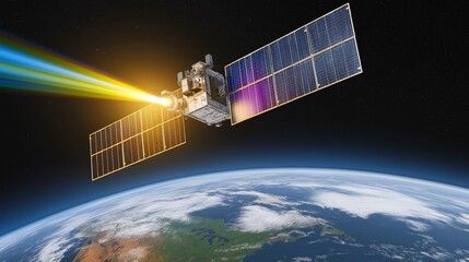 Aufkleber - A satellite in orbit projecting colorful rainbow beams toward Earth, representing advanced space communication and futuristic data transmission, Generative Ai