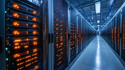 Fototapete - A man standing in a futuristic data center surrounded by glowing blue server racks, symbolizing modern IT infrastructure and secure data management, Generative Ai