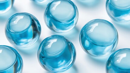 Leinwandbilder - Multiple transparent blue spheres on a white surface, showcasing symmetry, clarity, and a modern minimalist design with a futuristic touch, Generative Ai