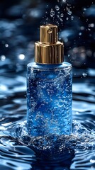 Product photography of a skin care product with a golden and blue bottle body and a gold cap, floating in water with swirling waves of liquid crystal glass texture around the container. 