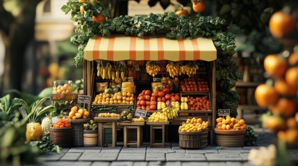 Vibrant fruit market stall filled with fresh produce on a sunny day in a lively town square