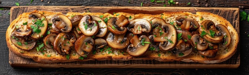 Wall Mural - Mushrooms on bread on a cutting board with parsley, food background, banner