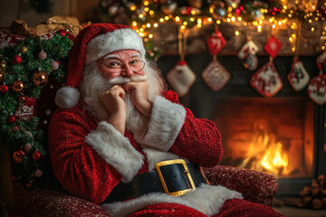 Poster - Santa Claus sitting by a fireplace, cheerful smile, red suit, surrounded by stockings and gifts.