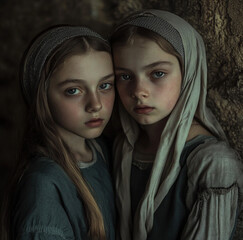 Poster - two 14-year-old medieval girls, dull-eyed, convey the idea of having suffered