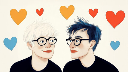 Valentine's day. LGBTQ couple if men. Digital art of two smiling friends with hearts among colorful background