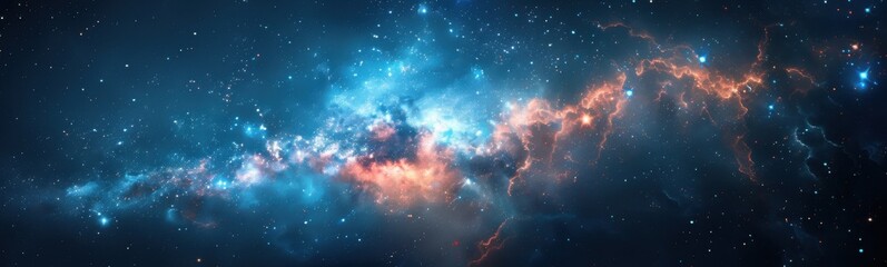 Wall Mural - Starry sky with a bright blue and orange nebula in the center, banner, copy space