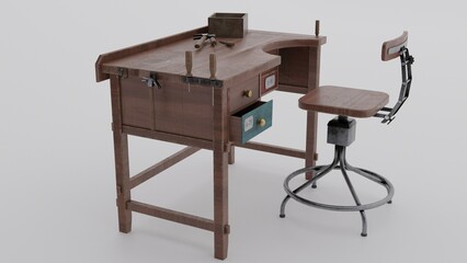 workbench with chair with white background