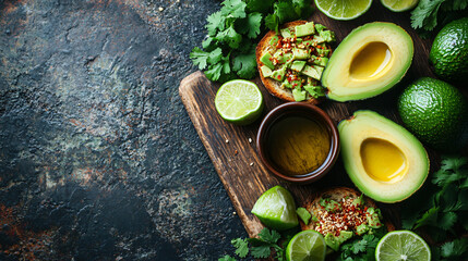 Rustic Avocado Toast with Lime Olive Oil and Fresh Herbs on a Wooden Board