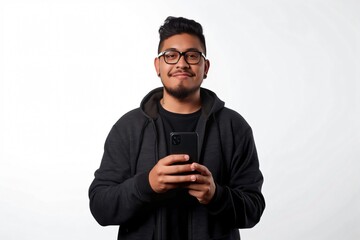 Young adult software developer is smiling while using a smartphone in his hand