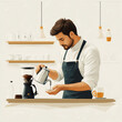 © cjsolanop - A man is pouring coffee into a cup. Concept of warmth and comfort, as the man is preparing a hot beverage for someone. The scene takes place in a kitchen, with various cups