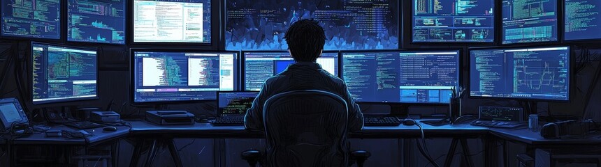 blue neon lights illuminate a hacker at his computer as he codes