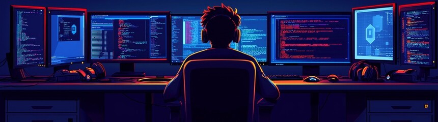 Working on a computer with blue neon lights and code by a hacker
